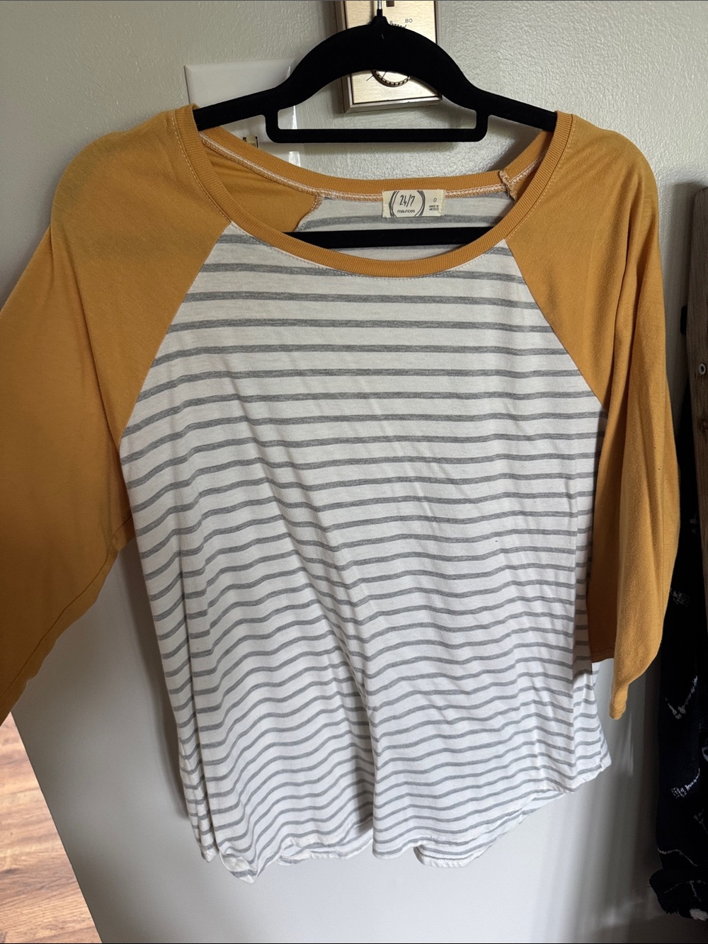 Maurices Mustard Raglan Long Sleeve Tee with Gray Stripes